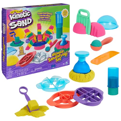 Kinetic Sand Ultimate Sandisfying Set, 2lb of Pink, Yellow and Teal Play Sand, 10 Molds and Tools, Sensory Toys for Kids Ages 7+