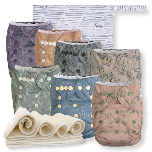 Nora's Nursery Cloth Diapers 7 Pack with 7 Inserts & 1 Wet Bag - Waterproof Cover, Washable, Reusable & One Size Adjustable Pocket Diapers for Newborns and Toddlers - Modern Blooms