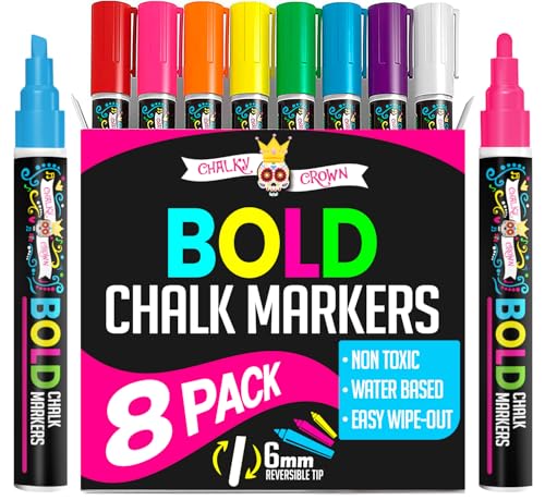 Bold Liquid Chalk Markers - Dry Erase Marker Pens for Chalkboards, Signs, Windows, Blackboard, Glass, Mirrors - Chalkboard Markers with Reversible Tip (8 Pack) - (Multicolored, 6mm)