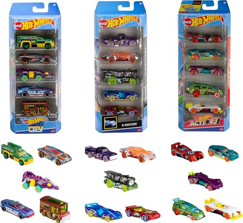 Hot Wheels Toy Cars, Bundle of 15 1:64 Scale Vehicles, Includes 3 5-Packs with Different Themes: HW City, X-Raycers & Track Pack [Amazon Exclusive]