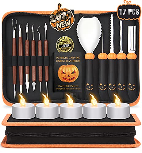 Upgraded 21 PCS Pumpkin Carving Kit for Adults & Kids with Professional Detail Sculpting Tools, Heavy Duty Stainless Steel Knife Set with Carrying Case for Halloween Decoration