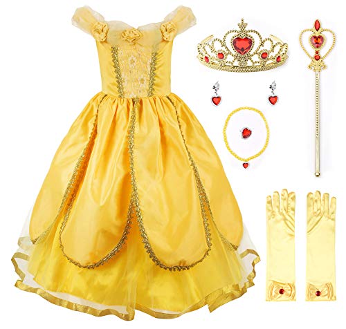 JerrisApparel Christmas Party Fancy Costume Deluxe Princess Dress Up for Girls (4T, Yellow with Accessories)