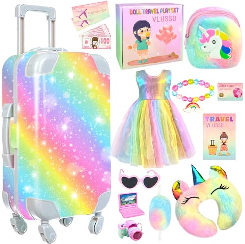 19Pcs 18 inch Girl Doll Accessories Case Luggage Travel Play Set with Doll Clothes Camera Travel Pillow Bag Dress Glasses Doll Stuff Fit 18 inch Doll Christmas Birthday Gift