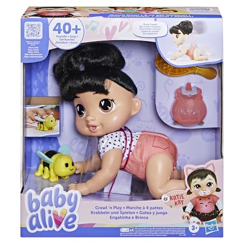 Baby Alive Crawl 'n Play Katie Kat Electronic Crawling Baby Doll Set, Black Hair, Kids Toys for Girls & Boys 3 Years & Up, 10.75 Inches