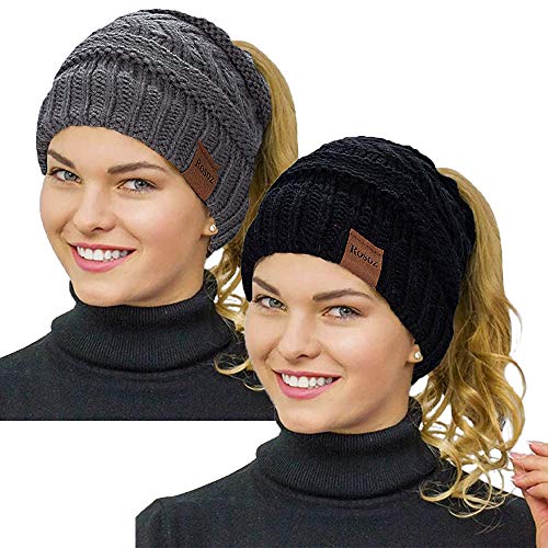 Rosoz 2 Pack Ponytail Beanie for Women,Winter Warm Beanie Tail Soft Stretch Cable Knit Messy High Bun Hat Black/Grey