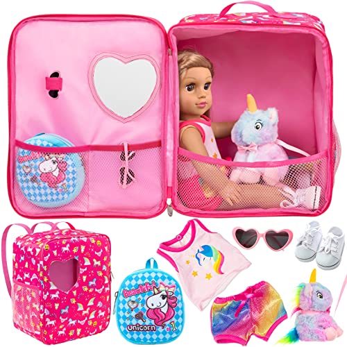 K.T.Fancy 7 PCS 18 inch Dolls Bag Carrier Set and Accessories Including 18 Inch Doll Clothes, Shoes, Sunglasses, Doll Backpack and Toy Unicorn (NO Doll)