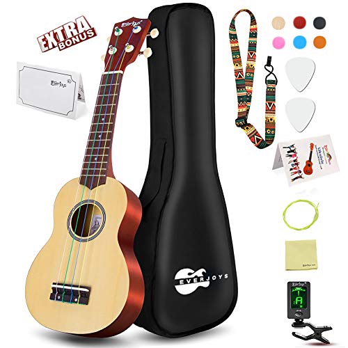 Everjoys Soprano Ukulele Beginner Pack-21 Inch w/Rainbow String Free Online Lesson Gig Bag Fast Learn Songbook Digital Tuner Pick All in One Kit