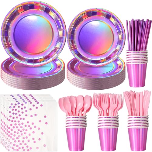 Iridescent Pink Party Supplies Decorations Serve 25, Hot Pink Holographic Paper Plates and Napkins Set, Disposable Pink Paper Plates Cups Knives Spoons Fork for Mermaid Disco Birthday Graduation Party