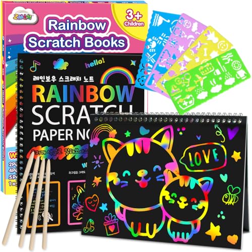 ZMLM Scratch Paper Art-Crafts Gift: 2 Pack Bulk Rainbow Magic Paper Supplies Toys for 3 4 5 6 7 8 9 10 Years Old Girls Kids Favors Gifts for Birthday Christmas Party Games Stocking Stuffers Kits