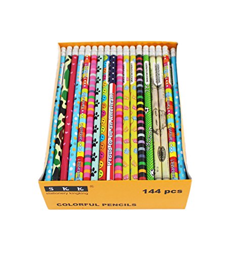 SKKSTATIONERY Assorted Colorful Pencils, Wooden Pencil with Eraser, Pencil Assortment, Novelty Kids Pencils，Awards & Incentives Pencils, 2 HB, 12 Assorted Colors 144/box.