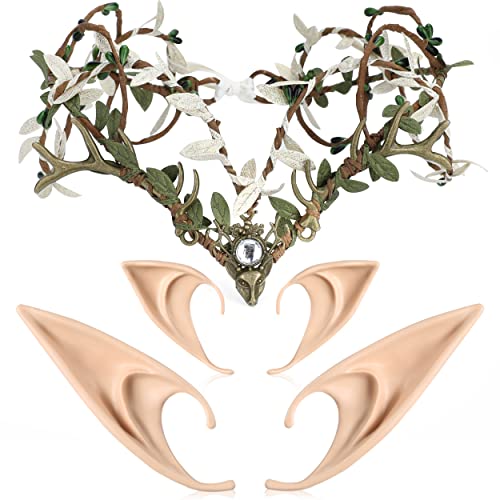 MOSTORY Elf Ears with Green Woodland Antler Crown Set Elven Forest Heapiece with 2 Pairs Soft Elf Ears Kit Bronze Fairy Headband for Women Girls Renaissance Christmas Cosplay