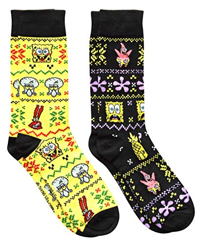 Hyp Spongebob Squarepants and Patrick Ugly Sweater Pattern Crew Christmas Socks 2 Pair Pack