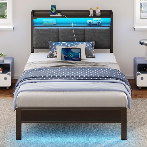 Rolanstar Bed Frame Twin Size with Charging Station and LED Lights, Upholstered Headboard with Storage Shelves, Heavy Duty Metal Slats, No Box Spring Need, Noise Free, Easy Assembly, Dark Grey