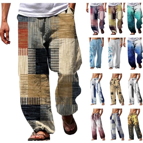 Generic Mens Linen Beach Pants Big and Tall Casual Lounge Drawstring Vacation Print Pants with Pockets Summer Lightweight Trousers Cotton L Loose Fitting Resort Yoga Pants for Men 2024 Khaki XX-Large