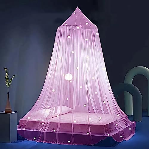 Eimilaly Stars Bed Canopy Glow in The Dark, Bed Canopy for Girls Mosquito Net, Princess Canopy for Girls Bed Room Decor, Pink