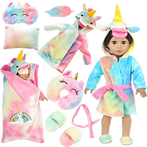 XFEYUE American 18 inch Doll Clothes and Doll Sleeping Bag Set - Rainbow Unicorn Doll Costume with Unicorn Style Sleeping Bag, Pillow, Eye Mask Slumber Party Accessories Fits 18 Inch Doll