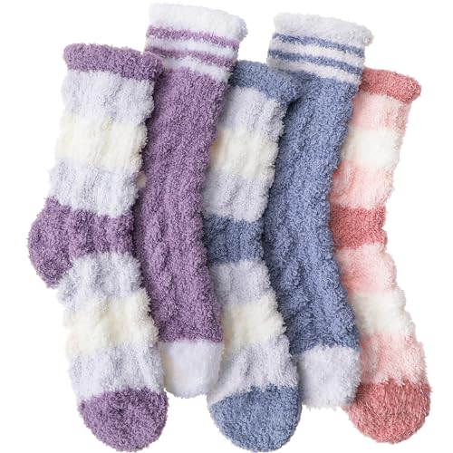 EBMORE Womens Fuzzy Socks Fluffy Cozy Comfy Warm Cabin Plush Fleece Sleep Soft Winter Socks Christmas Birthday Gifts Stocking Stuffers for Teen Girls Women Mom Wife(Mix Stripe Weave B)