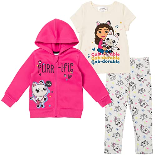 DREAMWORKS GABBY'S DOLLHOUSE Pandy Paws Little Girls Zip Up Fleece Hoodie Graphic T-Shirt and Leggings 3 Piece Set Red 5