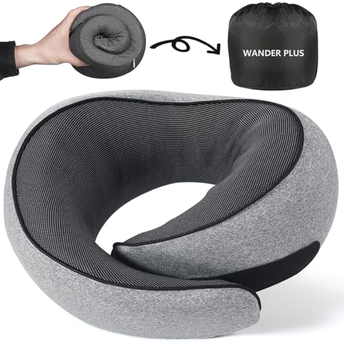 WANDER PLUS® Genuine Travel Pillow, 100% Pure Memory Foam Neck Pillow for Airplanes, Comfortable Breathable Cover, 360° Support Stowable Pillows for Sleeping, Car, Airport Travel Essentials, Grey