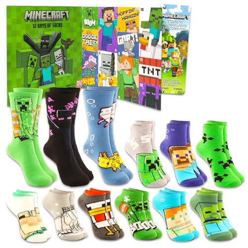 Minecraft Christmas Advent Calendar Sock 12 Pair Set - Size 4-10 Plus Stickers