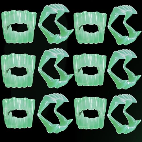 Skeleteen Vampire Teeth Clear Fangs - Glow in The Dark Glowing Transparent Dracula Teeth - 12 Pack