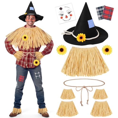 MOVINPE 12 Pieces Scarecrow Costume Kit for Adult Kids, Raffia Scarecrow Accessories Felt Hat Rope Face Decals Sunflower Patchwork for Halloween Harvest Cosplay Party Black