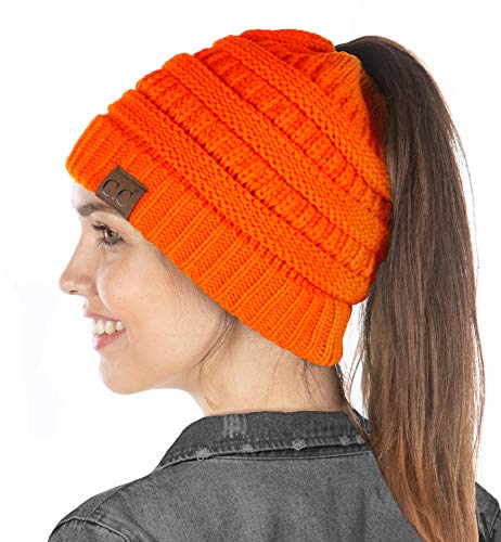 Funky Junque Beanie Tail Women's One Hole Neon Orange Messy Bun Ponytail Beanie Hat, Hunting Beanie, One Size