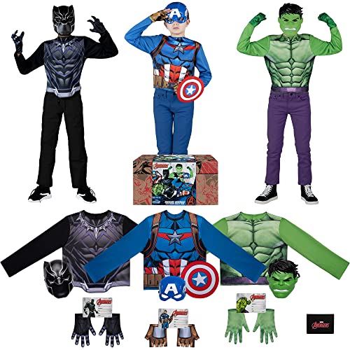 Marvel Avengers Child Halloween Costume Dress-Up Box - Three Sets of Medium-Size Tops, Gloves, Plastic Masks