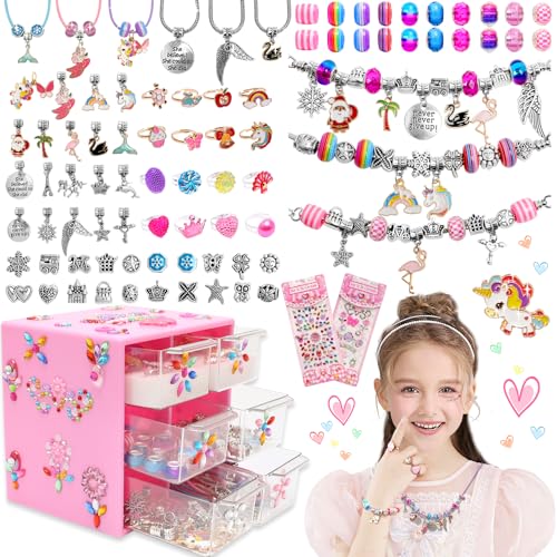 FOVRPUIB Charm Bracelet Making Kit,Toys for Girls Art Supplies Beads for Bracelets,Girls Toys Age 6-8 Years Old Friendship Bracelet Kit with Rings,Kids Toys for 6 7 8 9 Year Old Girls