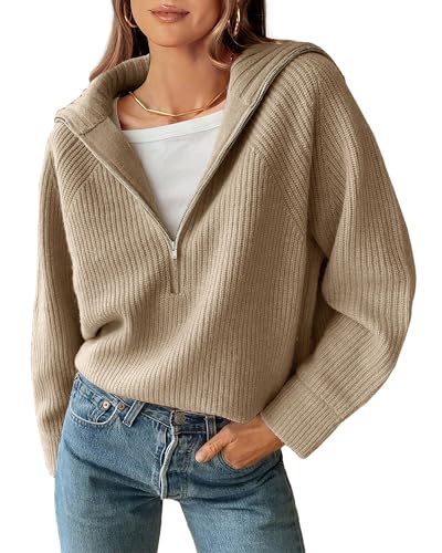 BTFBM Women’s Casual Half Zip Long Sleeve V-Neck Pullover Sweaters Solid Collar Ribbed Knit Loose Slouchy Jumper Tops(Solid Light Khaki, Medium)