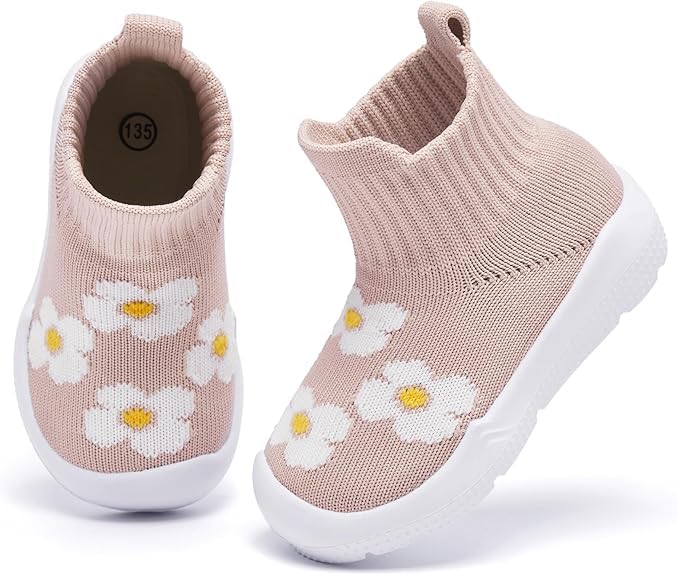 MORENDL Toddler Sock Shoes Baby Walking Shoes Infant Slippers Boys & Girls Non-Slip Sneakers Beige Flower 12-15 Months