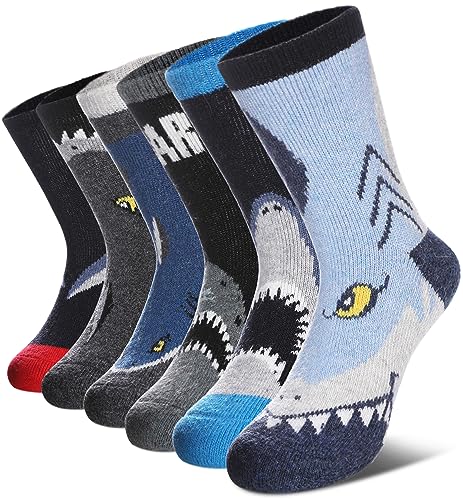 DOSKONI Kids Merino Wool Hiking Socks for Boys Girls Toddlers Thermal Winter Warm Thick Crew Boot Snowboarding Gift Socks 6 Pairs Shark,4-7 Year Old