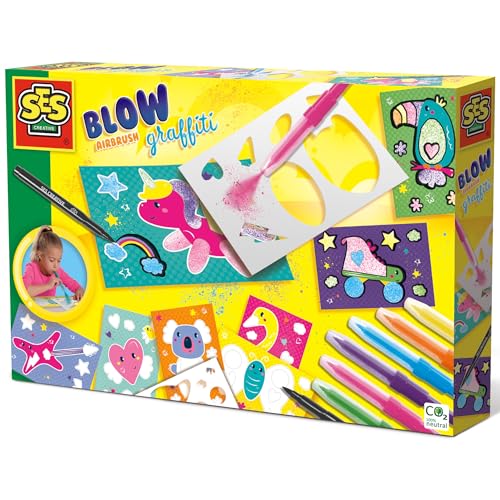 SES Creative: Blow Airbrush Graffiti Kit - DIY Art & Craft Set, 6 Colored Blow Airbrush Pens, 2 Templates, Printed & Blank Coloring Sheets, Kid Age 6+