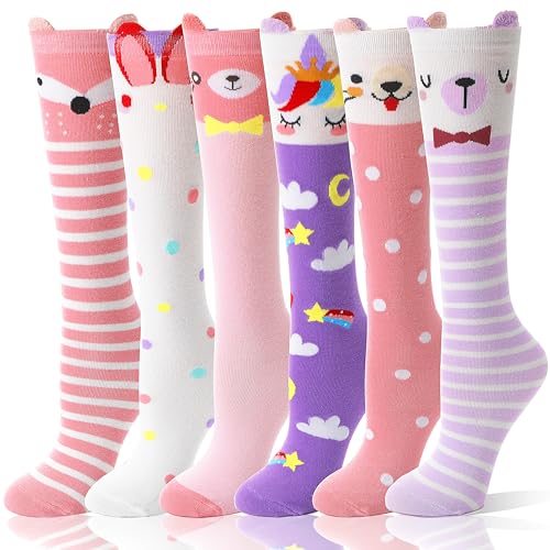 MOGGEI Kids Girls Knee High Socks Long Boot Crazy Silly Fun Gift Tall Funny Cute Animal Child Gift for 4 5 6 7 8 9 10 11 12 Year Old Girls Stocking Stuffers Socks 6 Pairs （Animal Pink Purple Color）