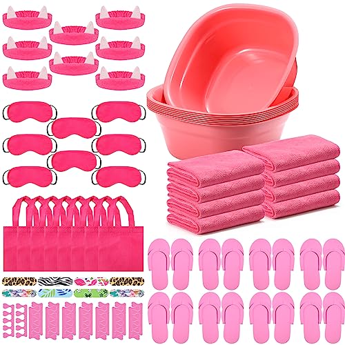 Jeyiour 72 Pcs Foot Spa Set for Girls Include Foot Tub Washbasin Hand Towels Spa Kit Accessories for Spa Party(Rose Red)