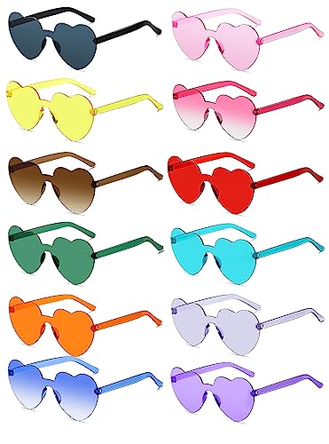 Colrea 12 Pairs Heart Sunglasses for Women Men, Trendy Heart Shaped Rimless Transparent Sunglasses, Colorful Frameeless Heart Glasses, Bachelorette Party Favors