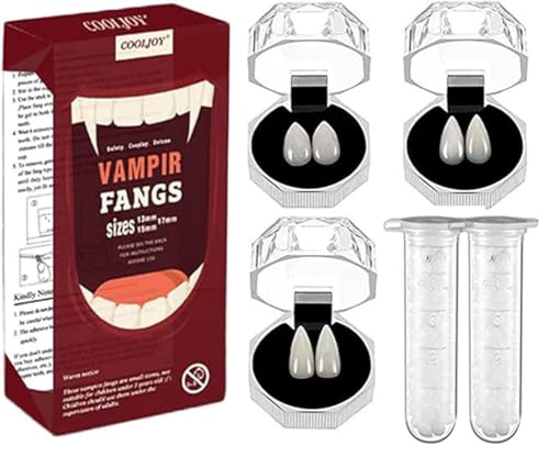 COOLJOY 3 Sizes Vampire Fangs Teeth with Adhesive Halloween Cosplay Props White Horror False Teeth Props Party Favors Masquerade Accessories Gift