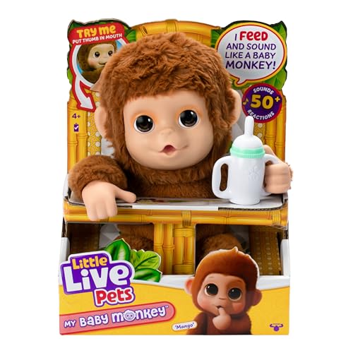 Little Live Pets My Baby Monkey - Adorable pet Monkey with Over 50 Sounds & Reactions. Expressive Moving Mouth. Mango Sucks his Thumb, Feeds from his Bottle, & Hangs from his Hands & feet!