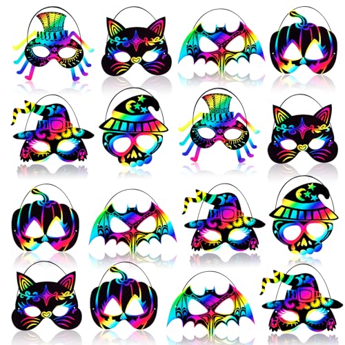 Max Fun 36PCS Halloween Rainbow Scratch Mask, Art Craft Kit for Kids Birthday Cosplay Classroom Decoration, Magic Scratch Paper Halloween Party Favor Supplies Bat Witch Pumpkin Zombie Pirate Skull