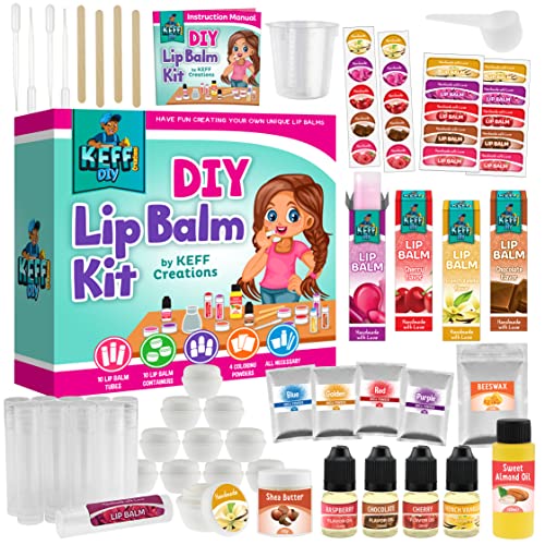 KEFF 51Pcs Lip Balm Making Kit - Make Your Own Lip Gloss Kit for Kids & Girls - Natural Lip Gloss Making Kit Stuff for Teen Girls with Beeswax, Shea Butter, Flavor Oils, Mica Color Powders & More