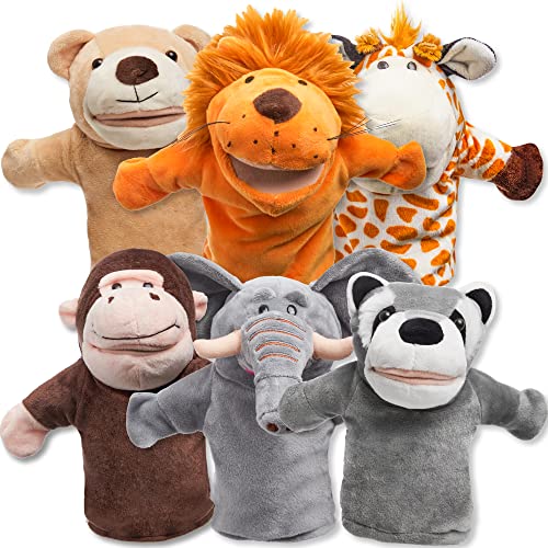 JOYIN 6Pcs Kids Hand Puppet Set with Working Mouth, Toddler Animal Plush Toy Includes Elephant, Giraffe, Lion, Bear, Raccoon and Monkey for Show Theater, Birthday Gifts