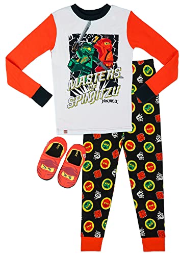 LEGO Ninjago Boys 2 Piece Cotton Pajamas with Slippers, Size 8 Red