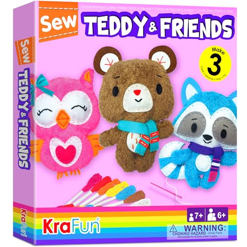 KRAFUN Sewing Kit for Kids Age 7 8 9 10 11 12 Beginner My First Art & Craft, Includes 3 Stuffed Animal Dolls Teddy, Raccoon and Owl, Instructions & Plush Felt Materials for Learn to Sew, Embroidery