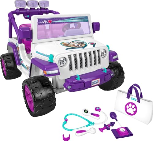 Power Wheels Preschool Ride-On Toy, Happy Hound Vet Rescue Jeep Wrangler with Pretend Medical Kit for Preschool Kids Ages 3+ Years