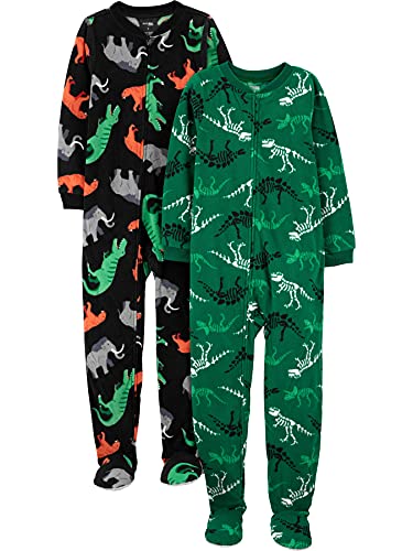 Simple Joys by Carter's Kids' Holiday Loose-fit Flame Resistant Fleece Footed Pajamas, Black Forest Animals/Dark Green Dinosaur, 6