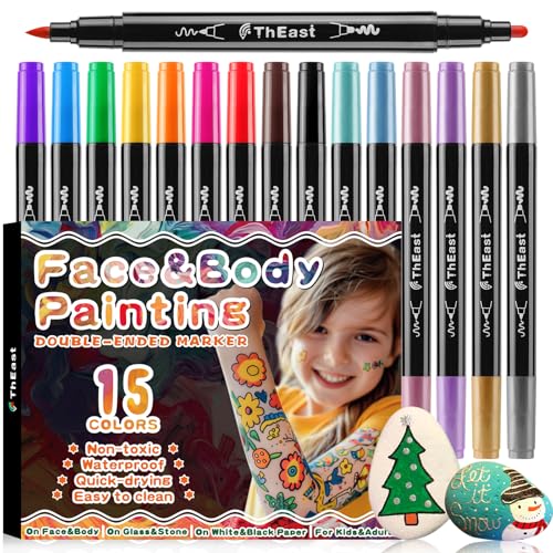 ThEast 15 Colors Black Face Paint Markers, Dual Tip Temporary Tattoo Pens for Skin, Washable Face Body Painting Kit for Kids, Cosplay Makeup Party Favors