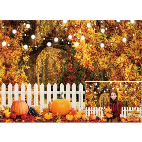 LFEEY Autumn Forest Thanksgiving Day Photography Backdrop, 10x8ft Rustic Fall Barn Pumpkin Thanksgiving Party Farm Harvest Event Backdrop, Kids Adults Photoshoot Photo Booth Studio Prop