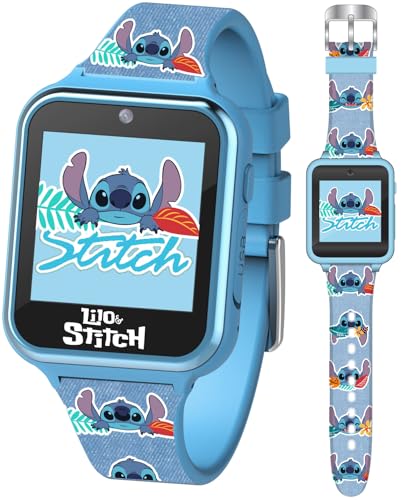 Disney Stitch Kids Smart Watch with 10 Customizable Faces, Camera, Voice Recorder, Calculator, and Step Counter – Touchscreen Interactive Watch for Kids – Blue Silicone Strap