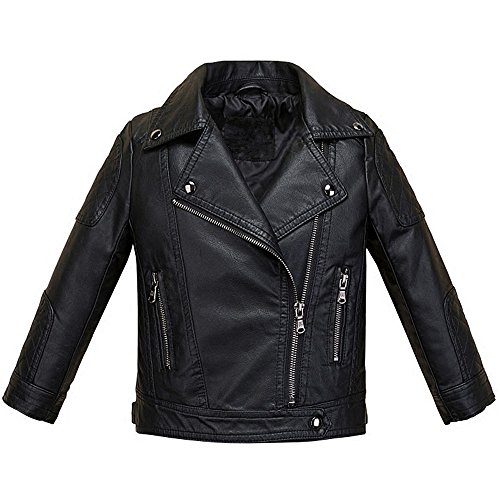 LJYH Boys Girls Fashion Collar PU Leather Jackets Kids Black Outdoor Zipper Coats 4/5yrs