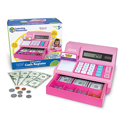 Learning Resources Pretend & Play Calculator Cash Register Pink - 73 Pieces, Ages 3+, Cash Register for Kids, Play Money for Kids, Toddlers Toys, Toy Register